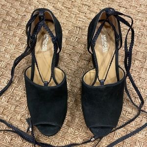 MICHAEL by Michael Kors Black Suede Peep Toe Lace Up Wedges